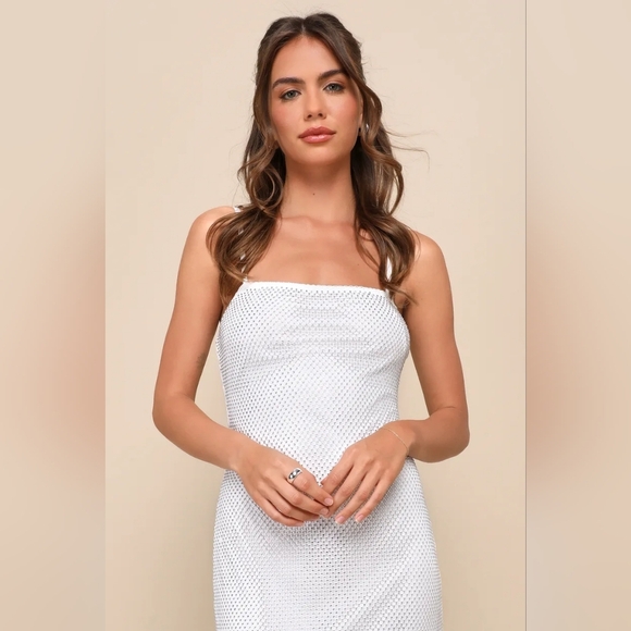 Lulus Memorable Glow White Fishnet Rhinestone Bodycon Midi Dress L Wedding Party - Picture 4 of 9
